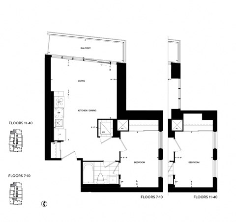 Floor plan for 1 bed, 1 bath, 608 sqft